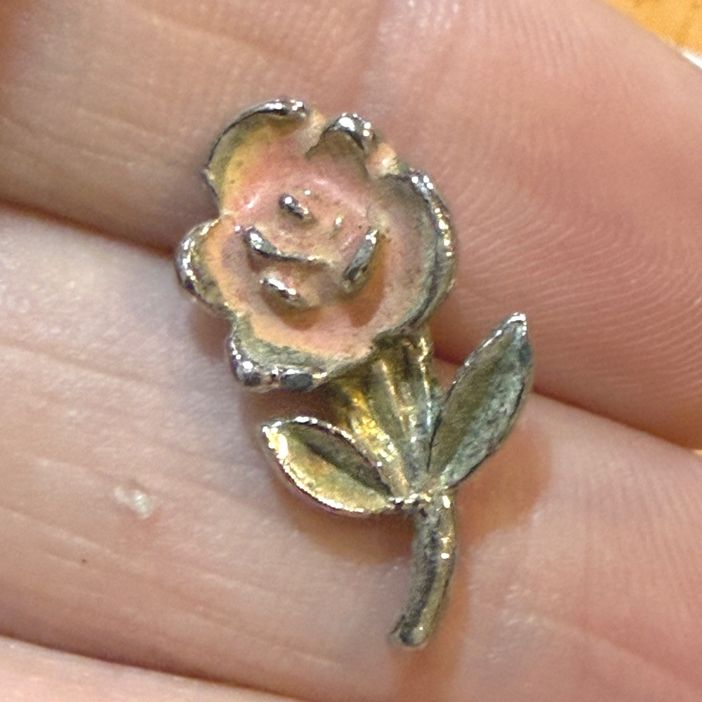 Vintage Pink Enamel Rose Flower Miniature Lapel Pin Silver Tone Botanical Tiny